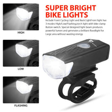 Load image into Gallery viewer, FabSports USB Rechargeable Bike Headlight &amp; Tail light Set/combo, Bright, Waterproof LED light
