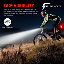 Load image into Gallery viewer, FabSports USB Rechargeable Bike Headlight &amp; Tail light Set/combo, Bright, Waterproof LED light
